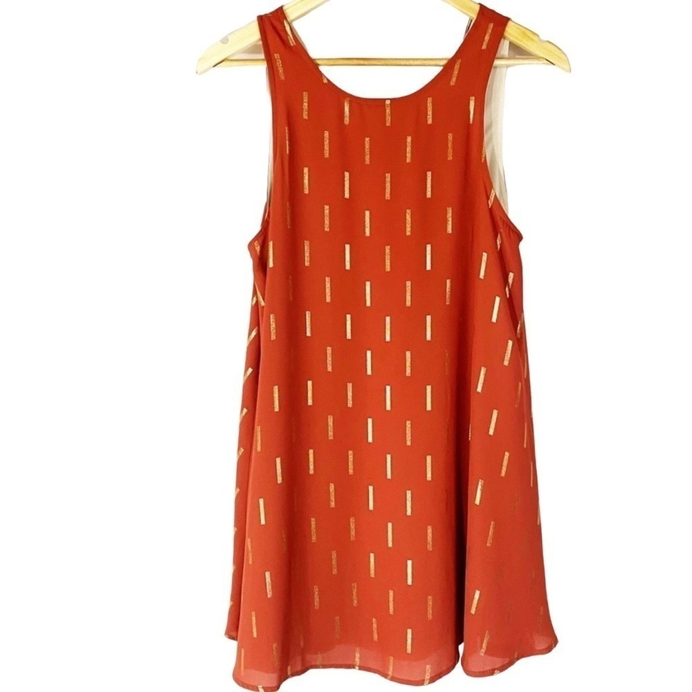 NWT‎ Audrey 3+1 Rust Orange Gold Foil Tie Back Mini Dress S Party Cocktail Flowy